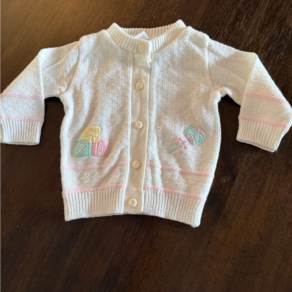 Vintage Baby Kisses White Cardigan with Pink Accents ABC Blocks‎ Rattle